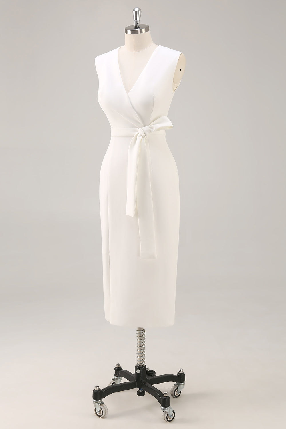 White Sheath V-Neck Formal Dress with Sash