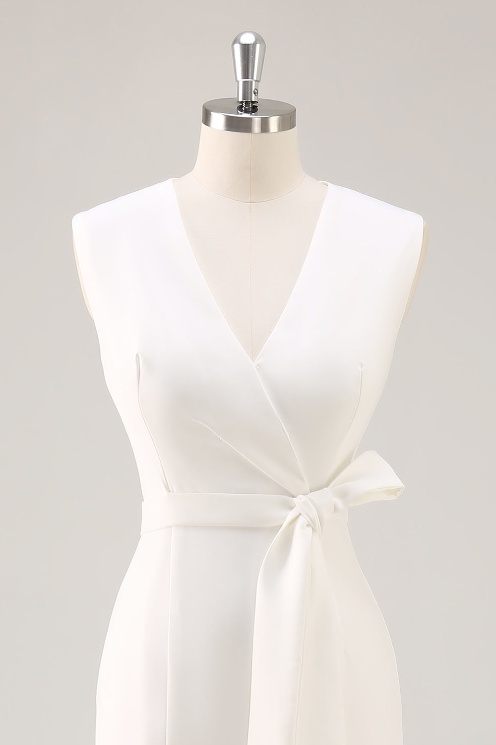 White Sheath V-Neck Formal Dress with Sash
