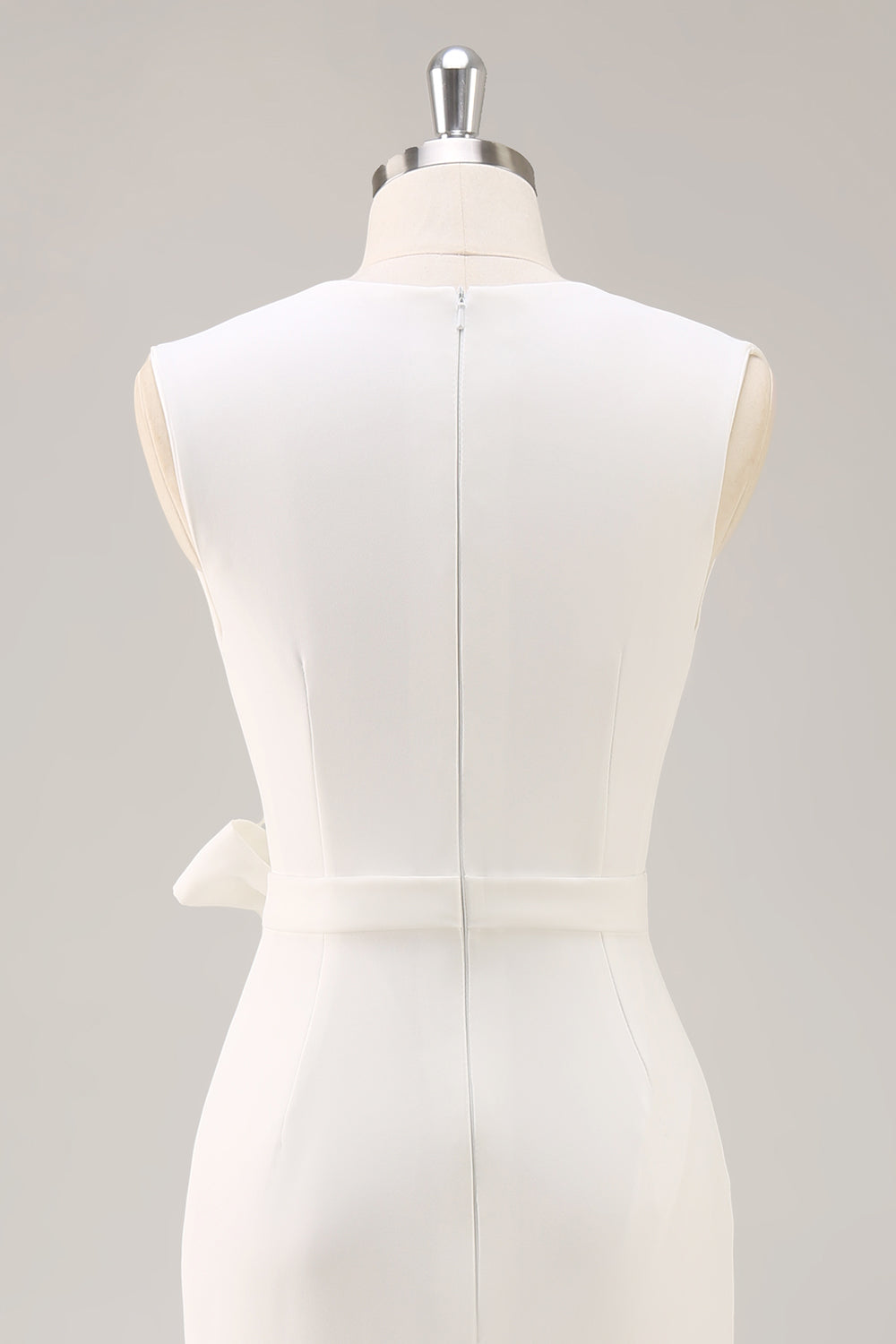 White Sheath V-Neck Formal Dress with Sash
