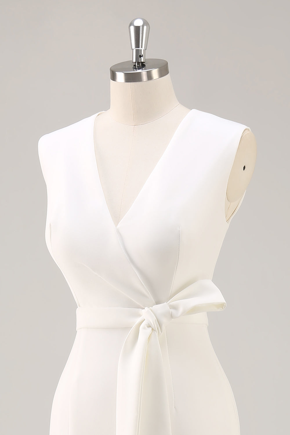 White Sheath V-Neck Formal Dress with Sash