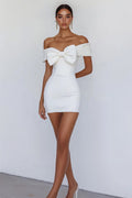Off the Shoulder Bodycon White Graduation Dress with Bow