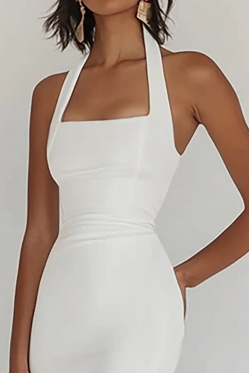 White Halter Mermaid Pleated Party Dress