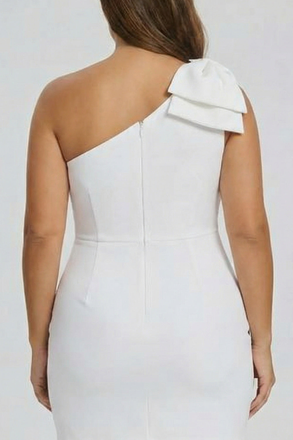 One Shoulder White Plus Size Bodycon Graduation Dress with Bow