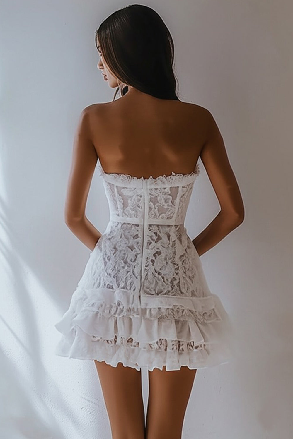 White A Line Strapless Mini Lace Graduation Dress