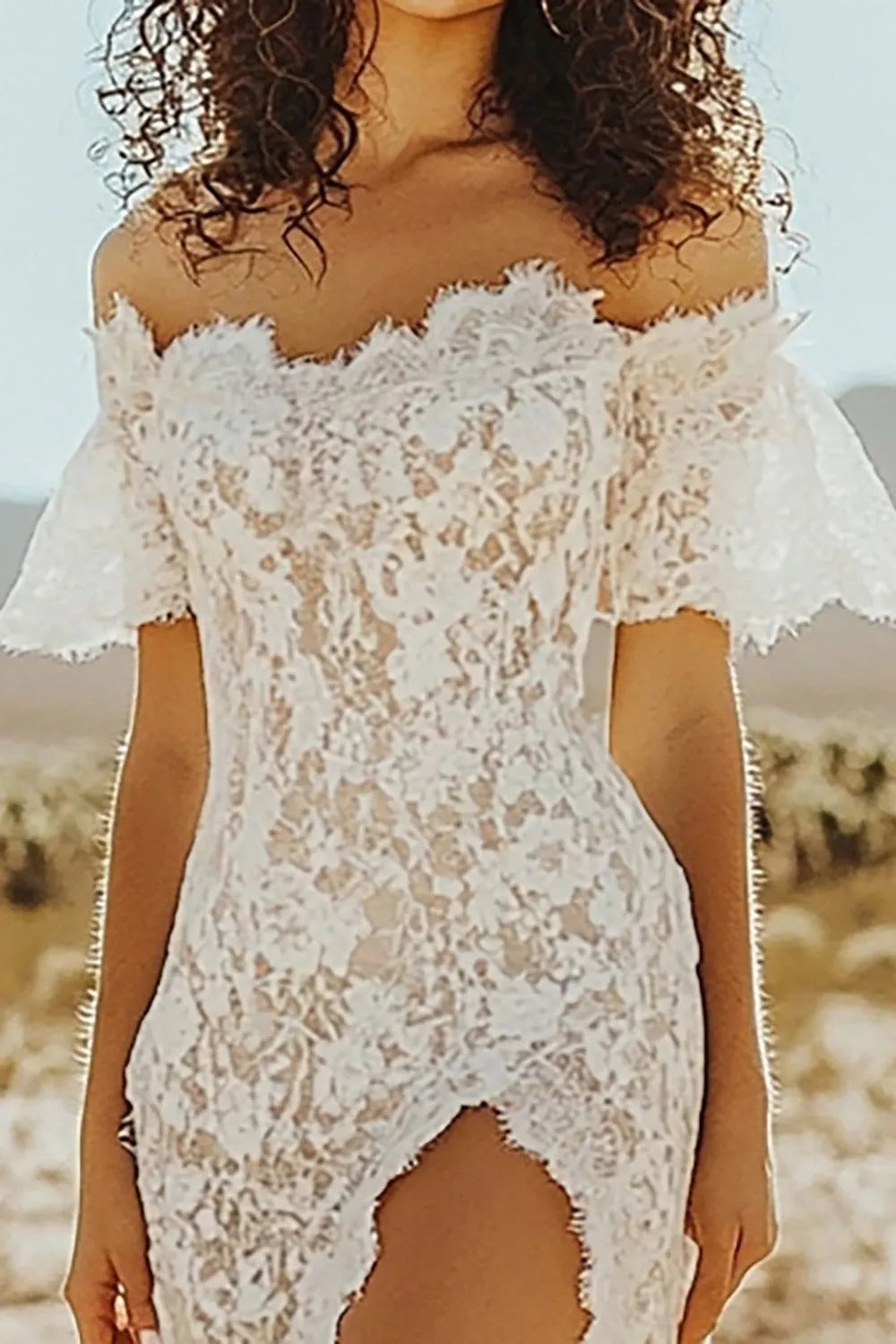 White Western Off the Shoulder Lace Boho Wedding Dress with High Slit