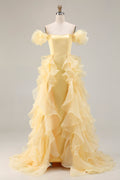 Yellow A-Line Off The Shoulder Prom Dress With Ruffles
