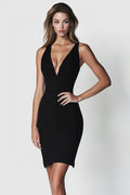 Black Sheath V-Neck Satin Mini Dress