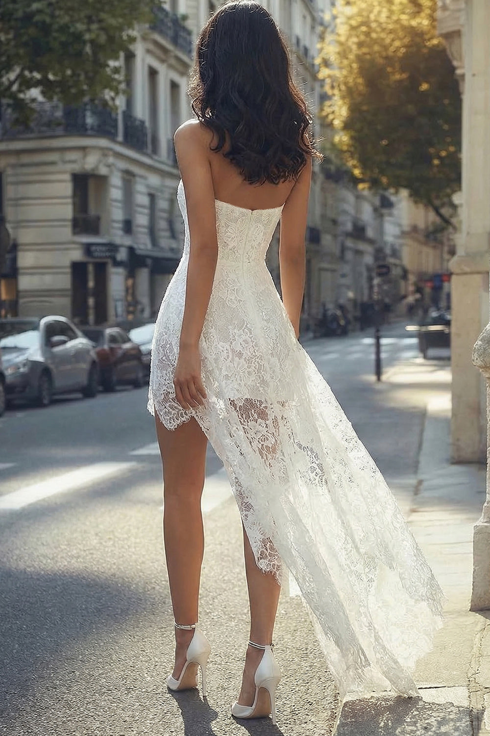 Stylish Bodycon Lace Asymmetrical White Graduation Dress