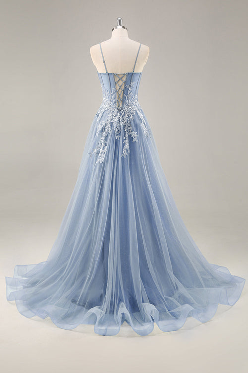 Dusty Blue A Line Strapless Corset Beaded Long Prom Dress with Slit