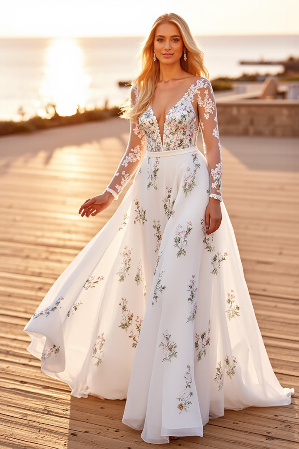 Long Sleeve V Neck White Floral Boho Wedding Dress