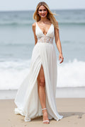 Beach A Line Applique White Wedding Dress with Slit
