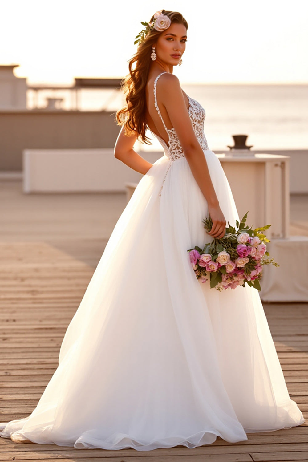 White Lace A Line Wedding Dress with Slit
