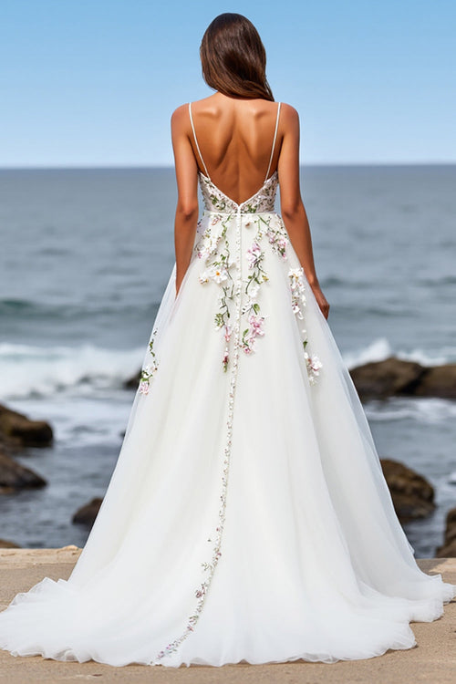 Floral Tulle White Wedding Dress with Appliques