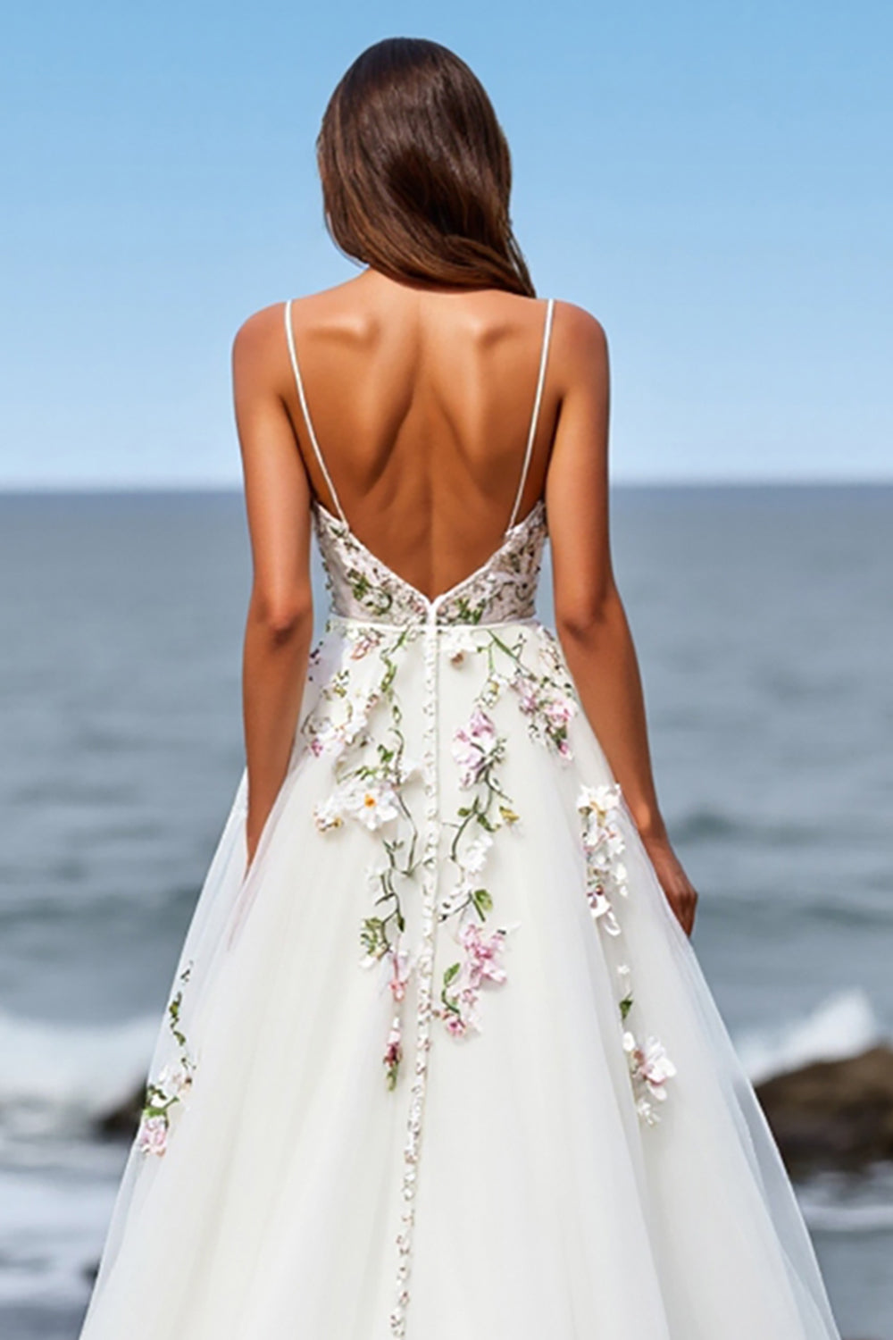 Floral Tulle White Wedding Dress with Appliques