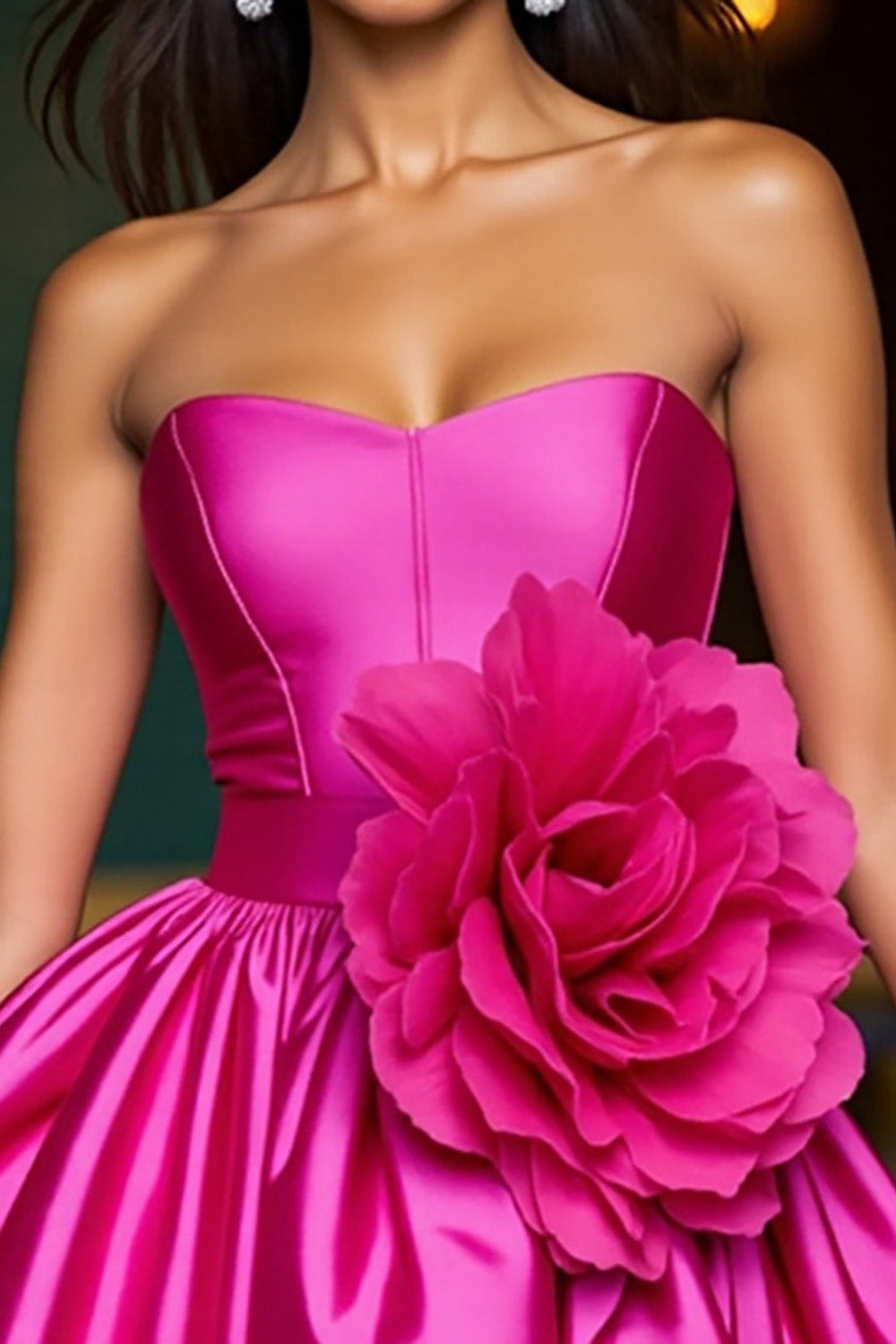 Strapless Fuchsia Satin Homecoming Dress with 3D Flowers