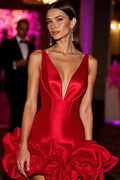 Red Satin Sheath Homecoming Dress with 3D Flowers
