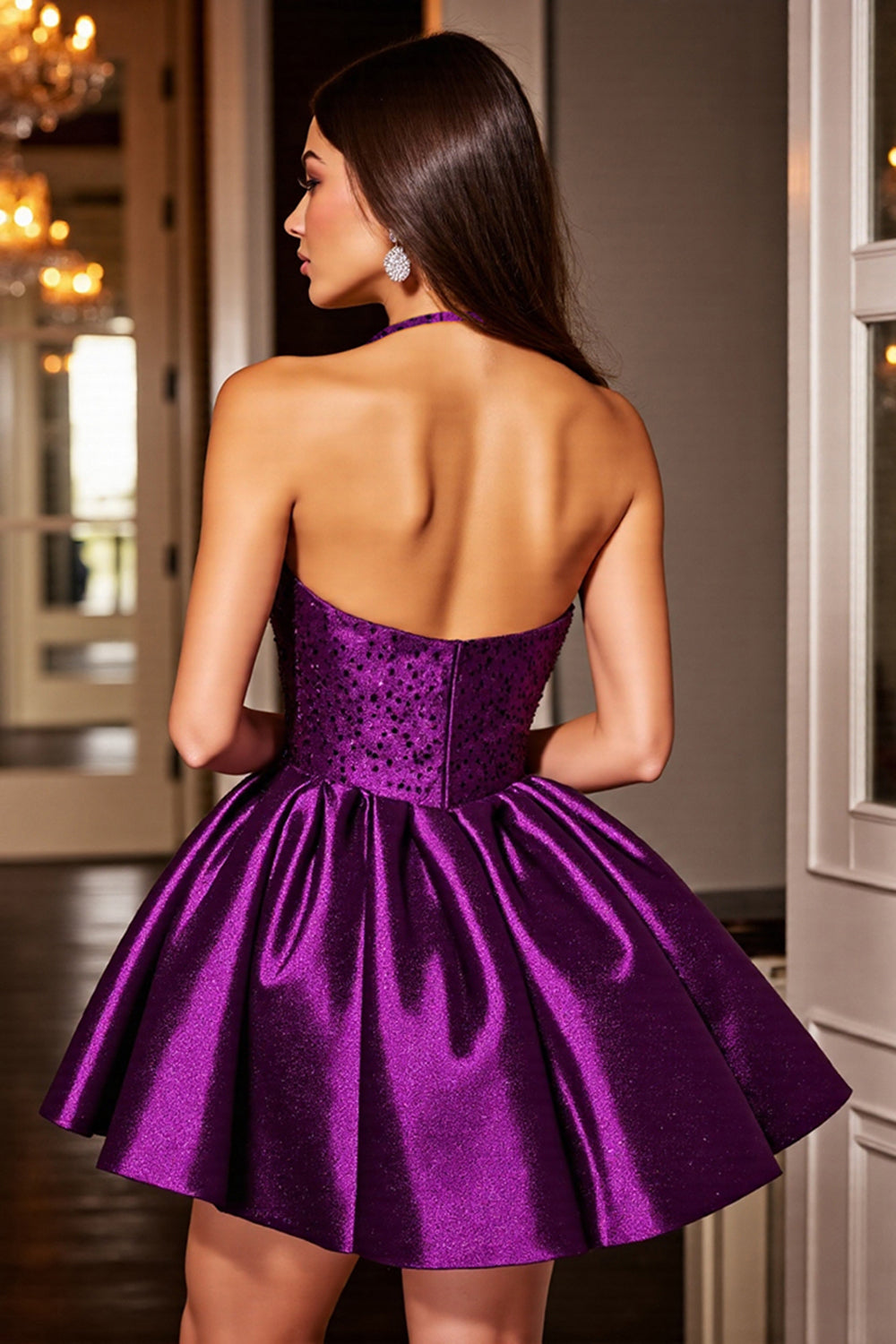 Halter Dark Purple Satin Homecoming Dress with Sequins