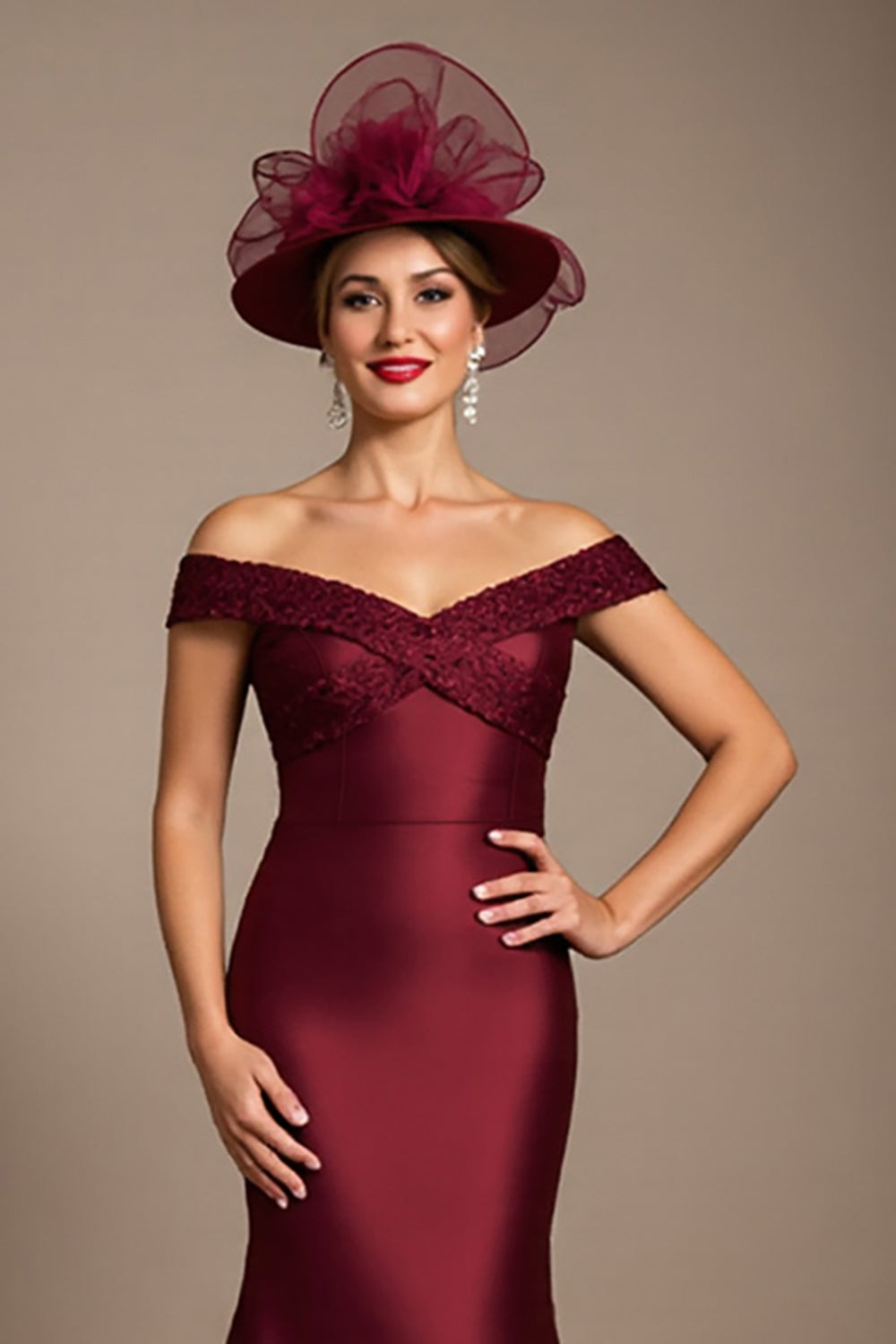 Mermaid Off The Shoulder Burgundy Satin Mother of the Bride Dress