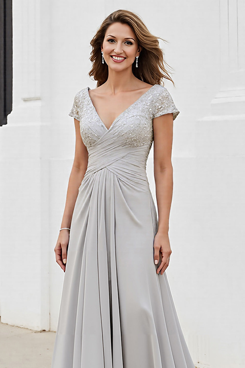 Silver A Line Ruched Long Mother of the Bride Dress