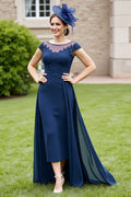 Navy Appliqued Cap Sleeve Mother of the Bride Dress with Drape