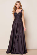 Black Satin A Line Formal Dress with Appliques