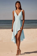 Blue A Line Asymmetrical Chiffon Graduation Dress