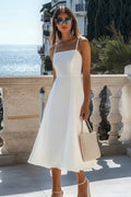Simple A Line Spaghetti Straps White Midi Graduation Dress