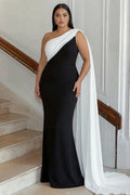 Black and White One Shoulder Plus Size Maxi Formal Dress