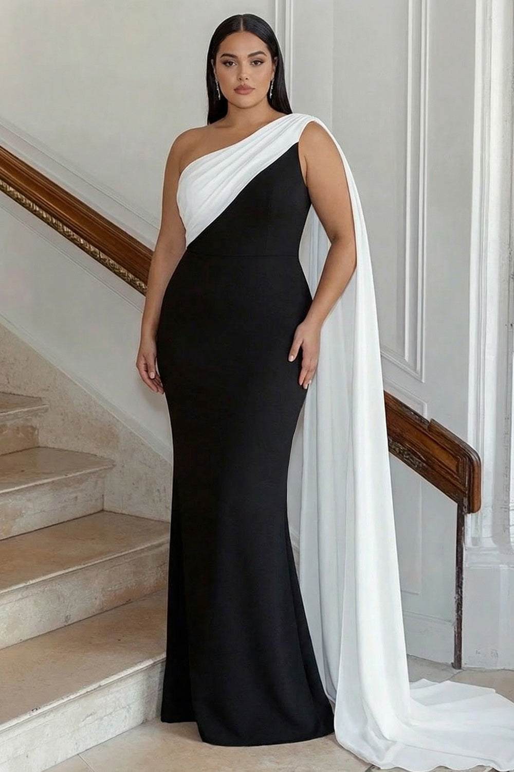 Black and White One Shoulder Plus Size Maxi Formal Dress