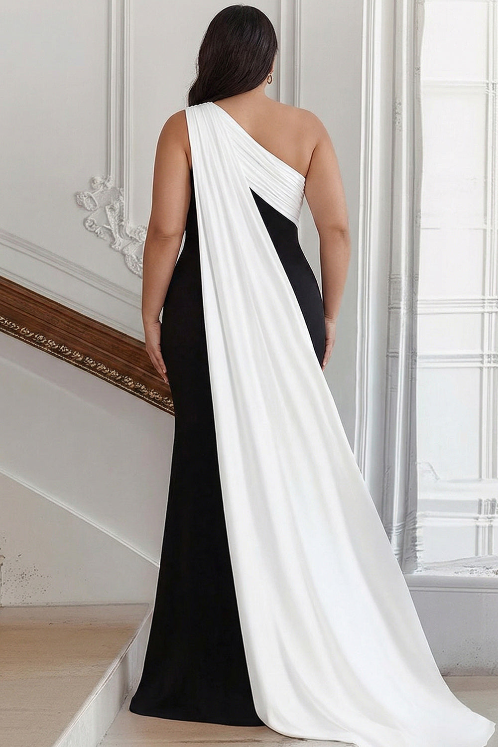 Black and White One Shoulder Plus Size Maxi Formal Dress
