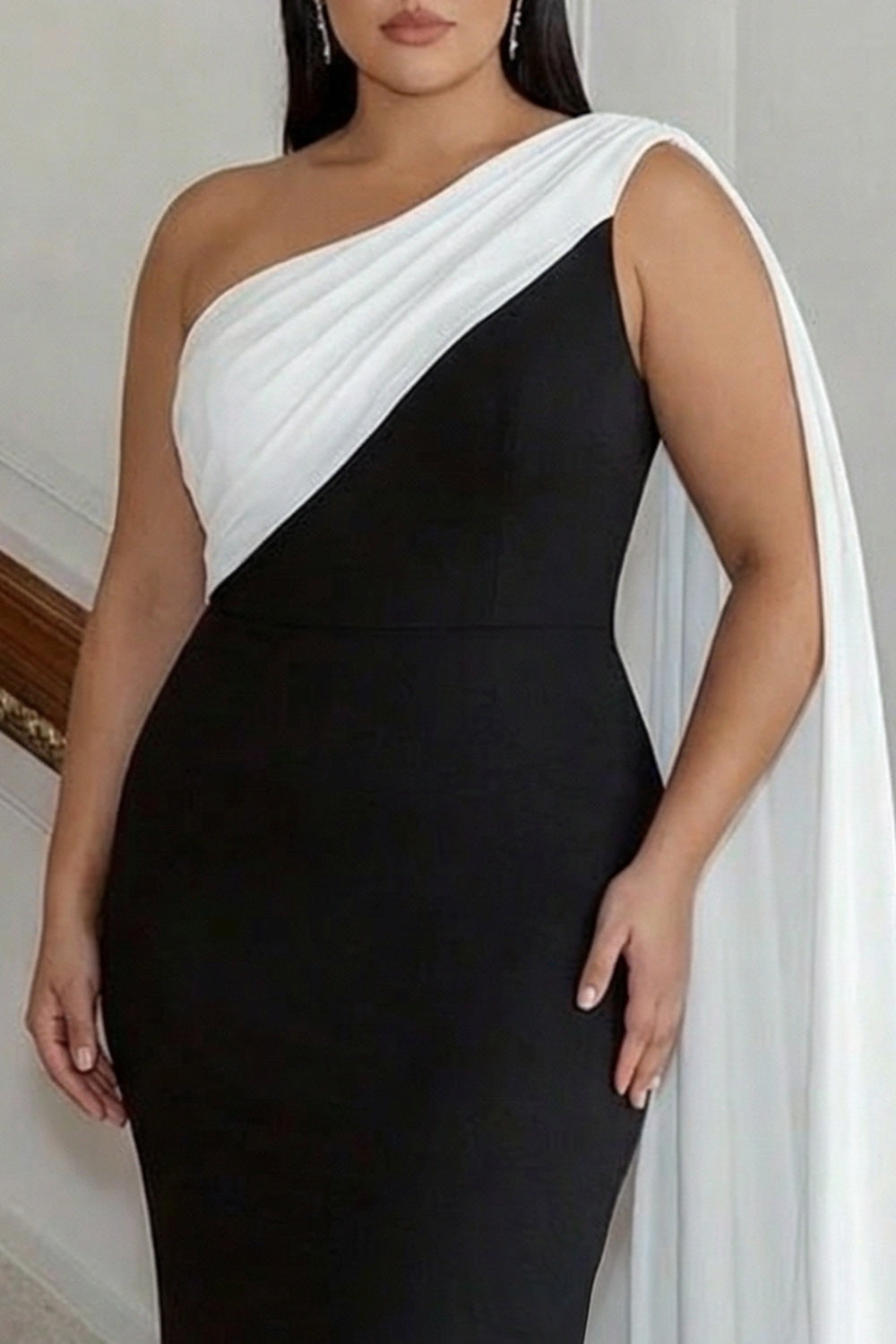 Black and White One Shoulder Plus Size Maxi Formal Dress
