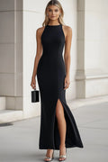 Halter Bodycon Black Tie Dress with Slit