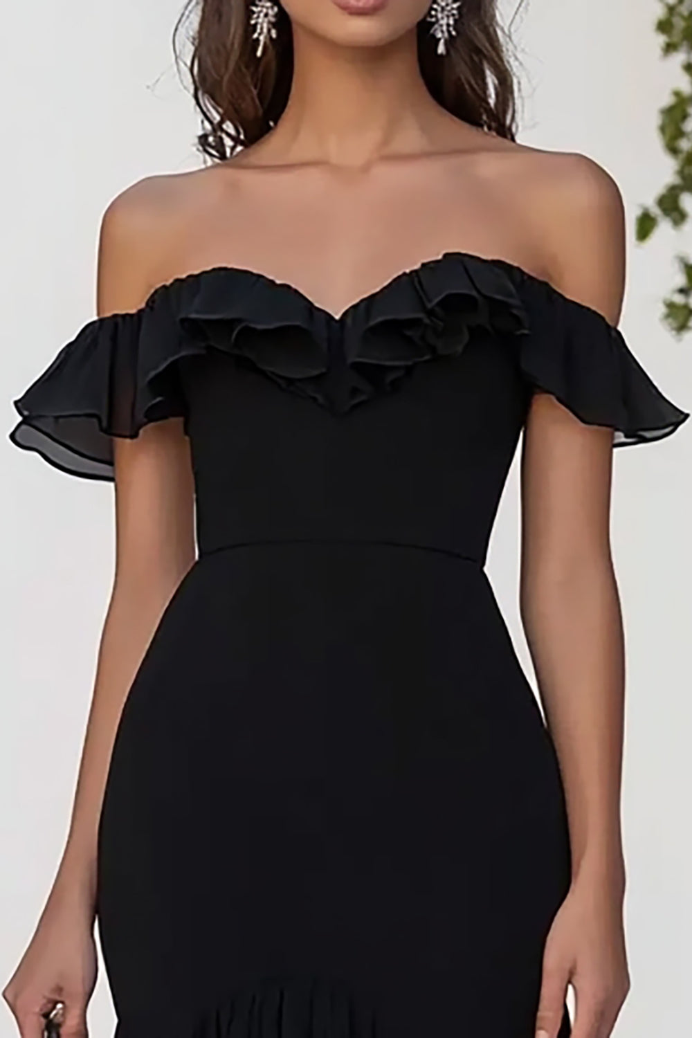 Off The Shoulder Ruffled Black Tie Dress with Slit