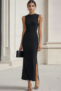 Bodycon Satin Black Tie Dress with Slit