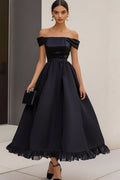 Off The Shoulder A Line Satin Black Tie Dress with Ruffles