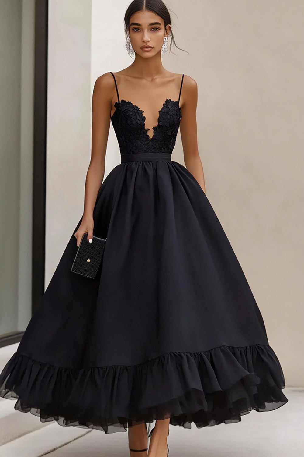 Ruffled Tea Length A Line Black Tie Dress with Appliques