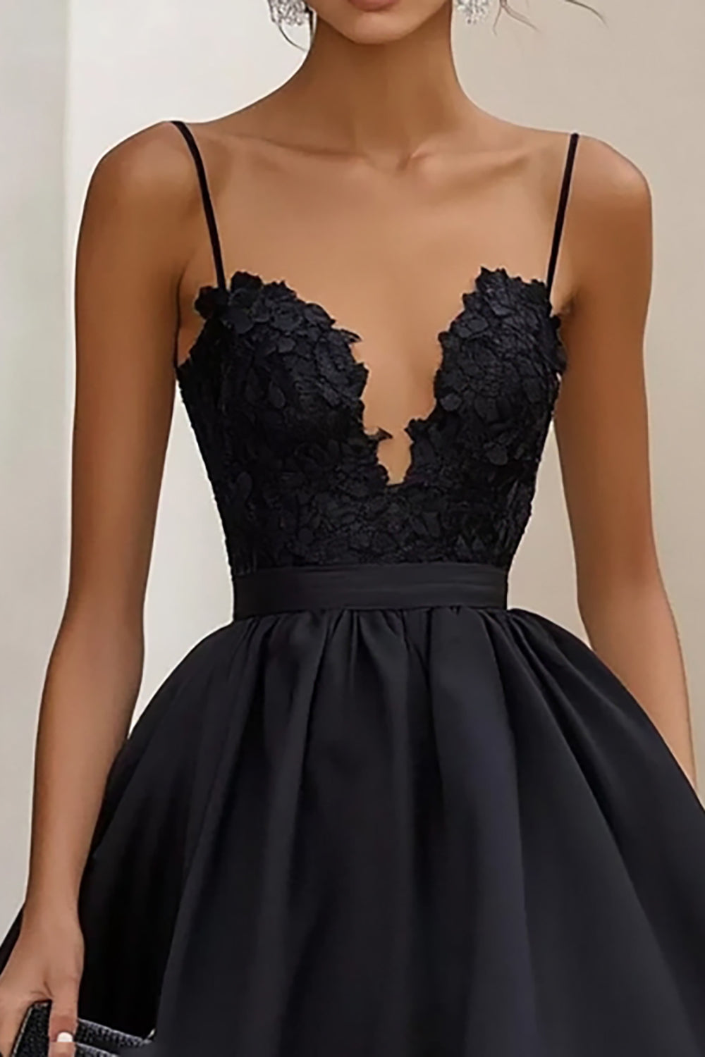 Ruffled Tea Length A Line Black Tie Dress with Appliques