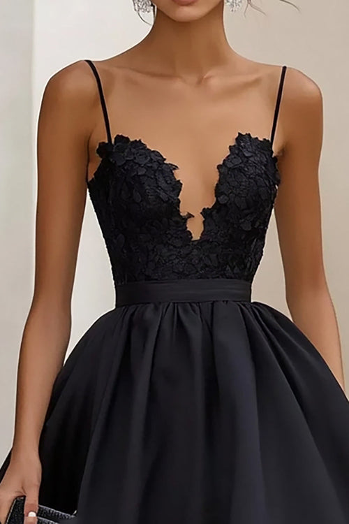 Ruffled Tea Length A Line Black Tie Dress with Appliques