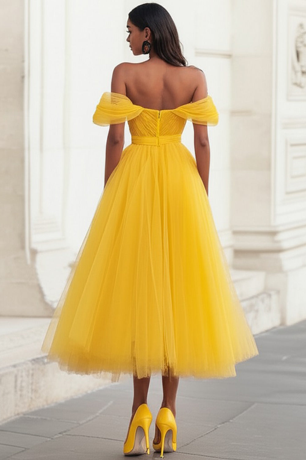 Yellow Off The Shoulder A Line Tulle Wedding Guest Dress