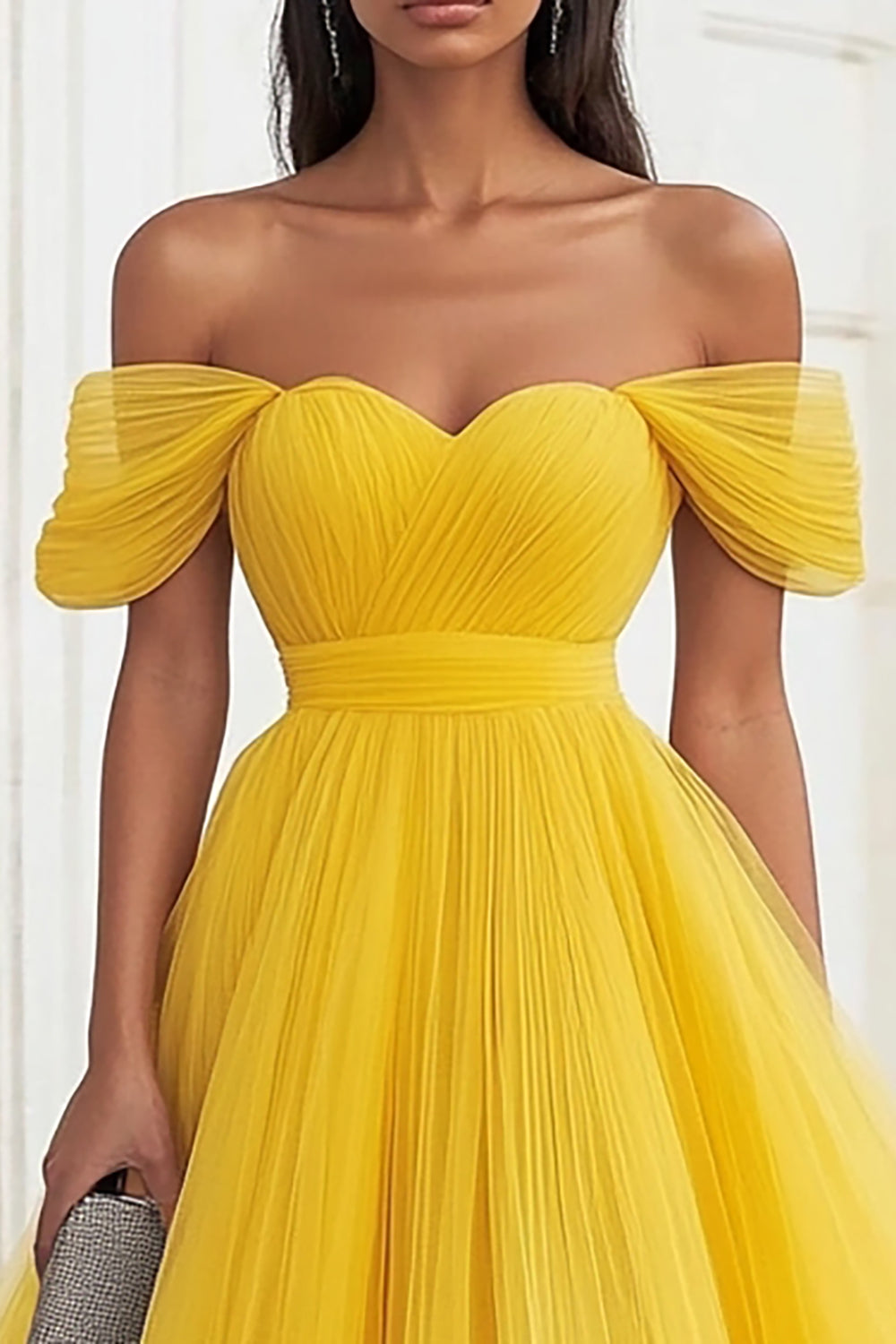 Yellow Off The Shoulder A Line Tulle Wedding Guest Dress