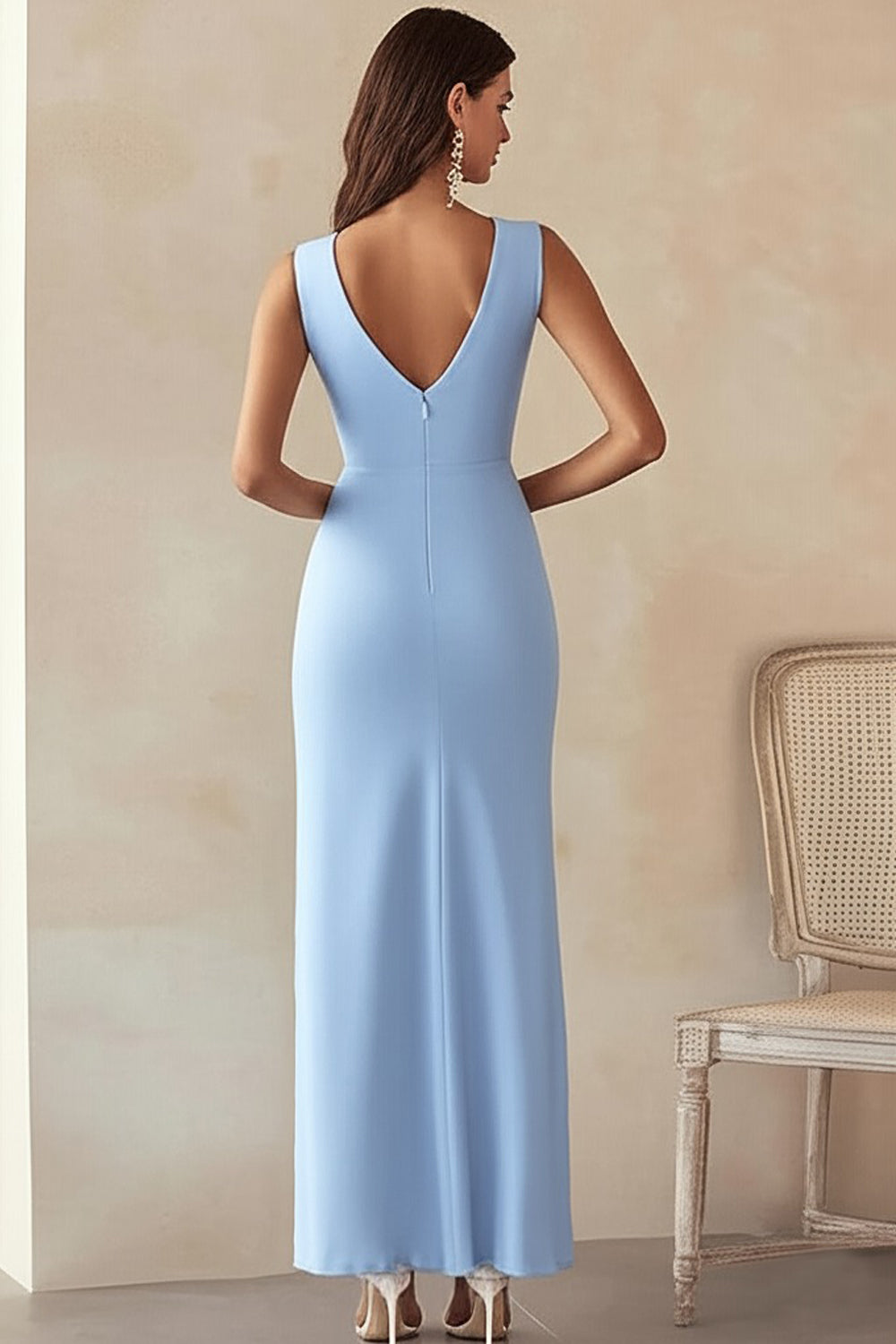 Blue Sheath V-Neck Formal Dress with Slit