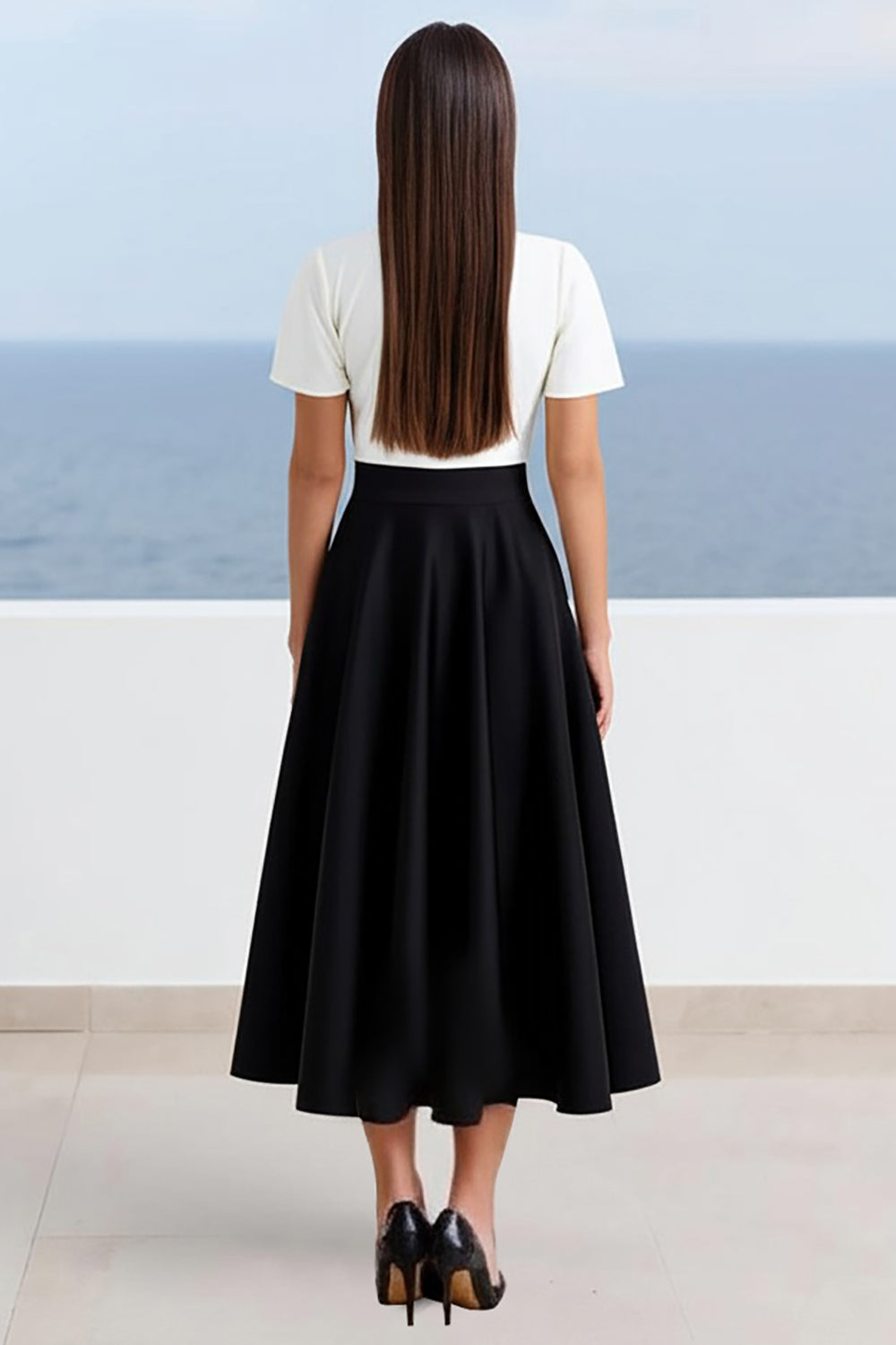 Black A Line V-Neck Midi Work Dress with Short Sleeves