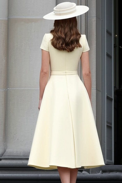 Yellow A Line Round Neck Midi Mother of the Bride Dress
