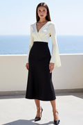Black And Ivory A Line Midi Work Dress with Long Sleeves