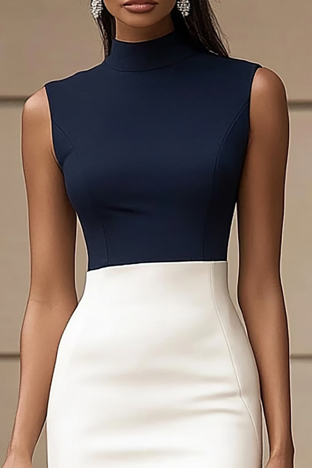 Ivory High Neck Bodycon Midi Work Dress