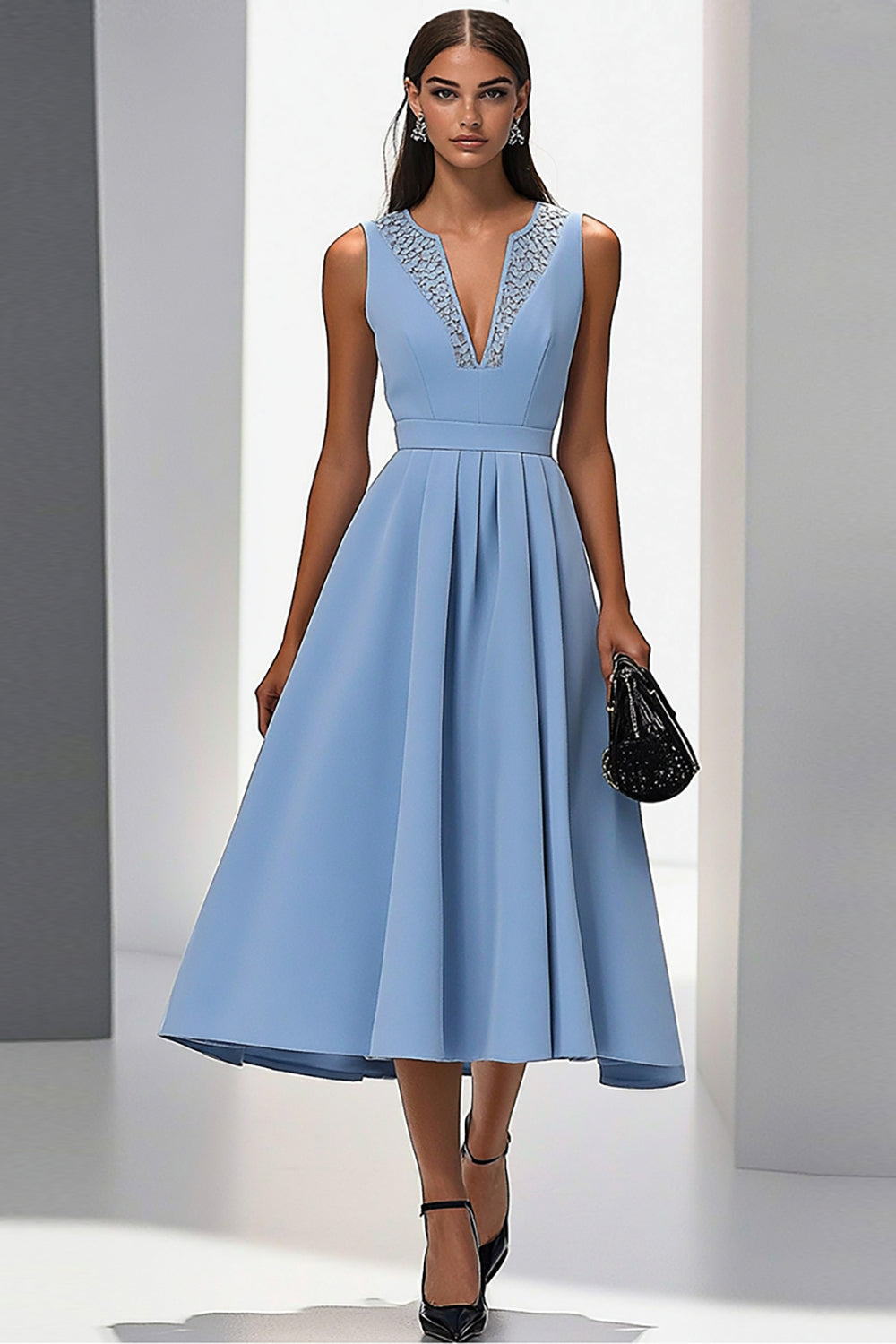 Blue A Line Midi Work Dress with Appliques