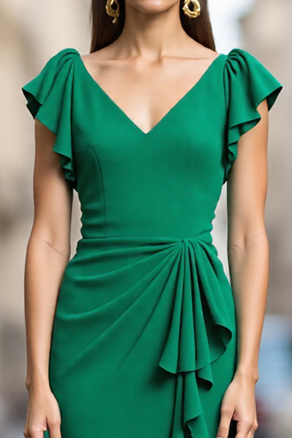 Ruffled Green Sheath V-Neck Work Dress