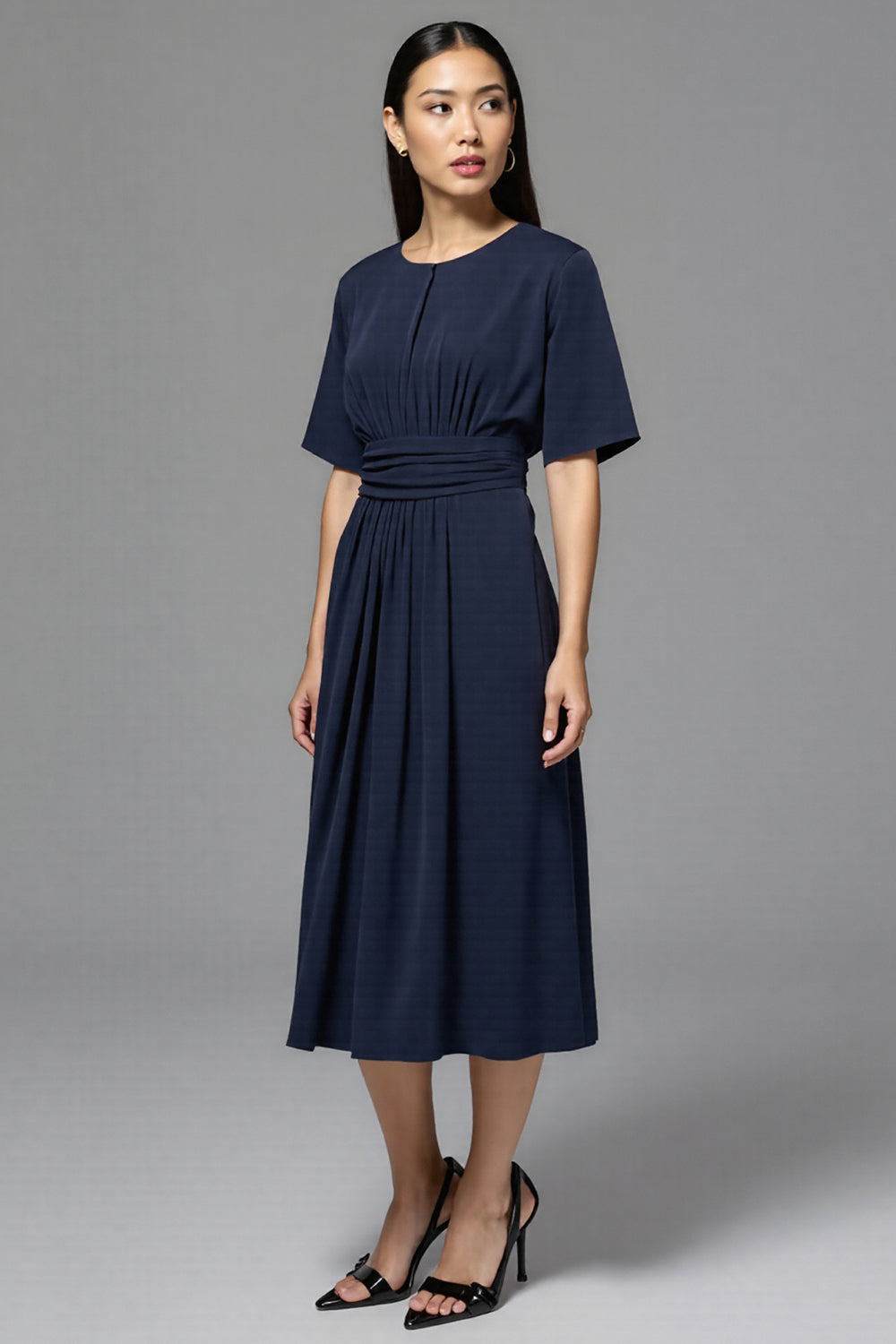 Navy A Line Round Neck Midi Work Dress