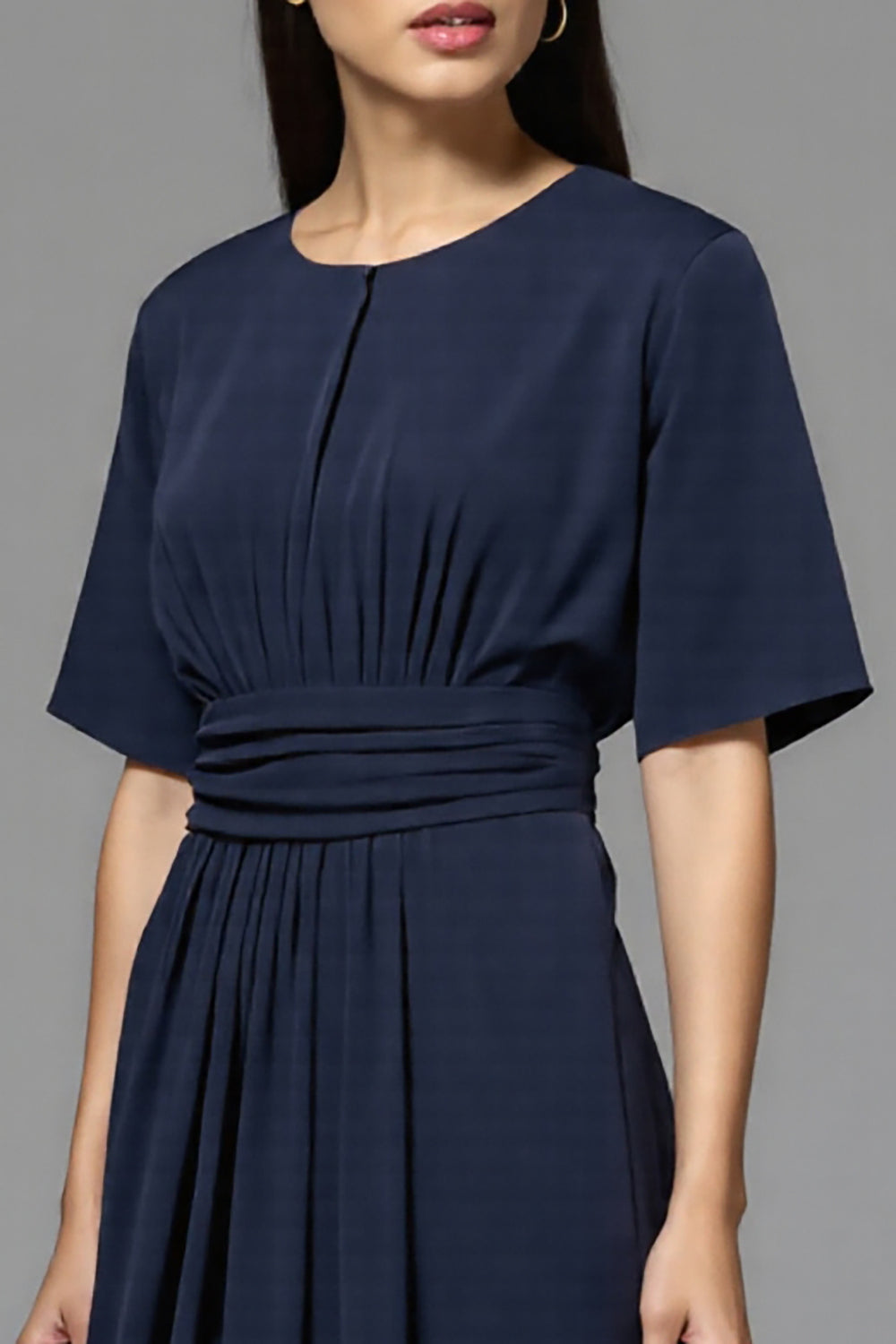 Navy A Line Round Neck Midi Work Dress