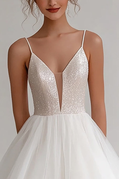 Ivory A Line Sequin Mini Dress With Tulle